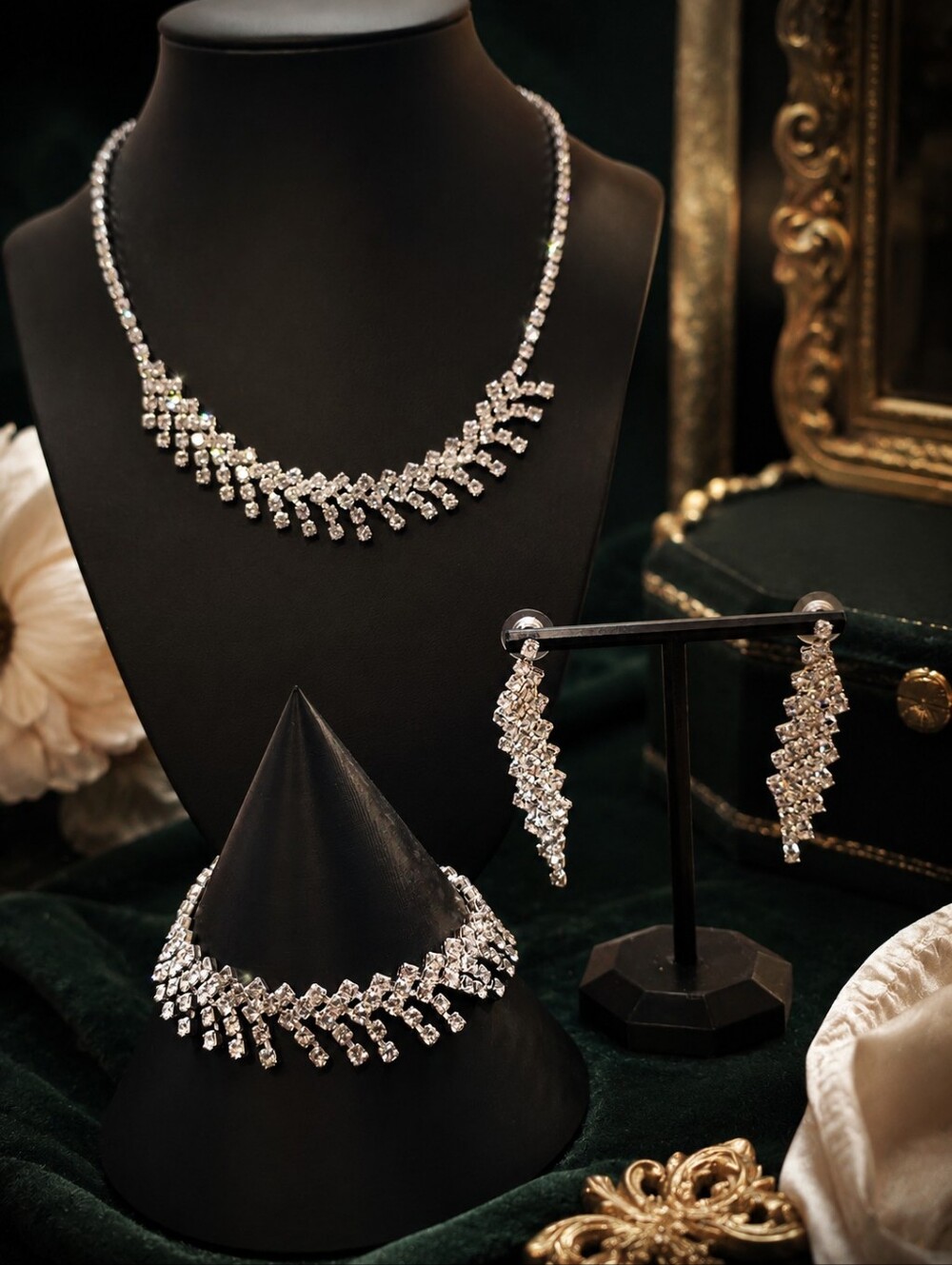 Vintage Rhinestone Parure Set – Necklace, Bracelet & Earrings